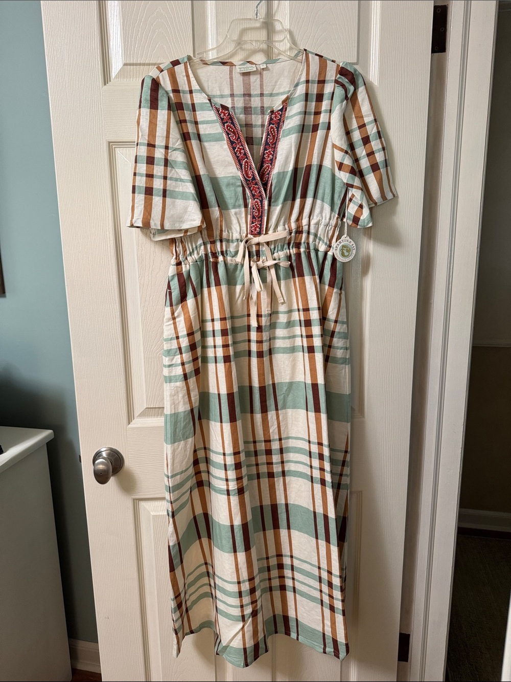 Spartina 449 Sage, Cream and Brown Plaid Drawstring Maxi Dress - Picture 3 of 6